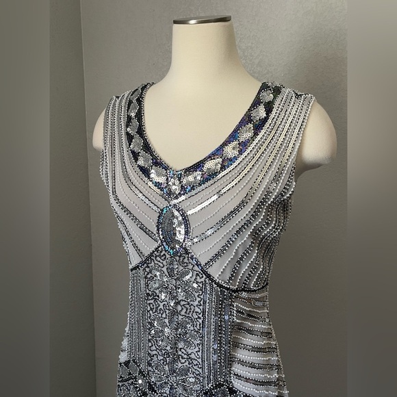 Silver Sequin Embellished V-Neck Sheath Dress for Prom - Picture 3 of 5